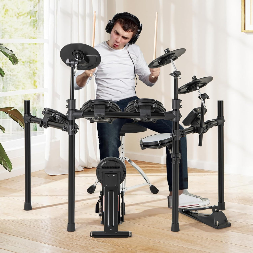 COSTWAY E-Drum-Set, faltbares Schlagzeug mit leisen Mesh-Pads, Becken, 225 Sounds und 30 Demos, Metronom und USB-MIDI, Bassdrum, 2 Schlagstöcke, verstellbarer Hocker, für Erwachsene und Kinder