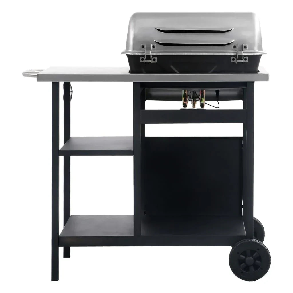 Vidaxl Tragbarer Gasgrill mit Beistelltisch, 3 Ablagen, Schwarz und Silber