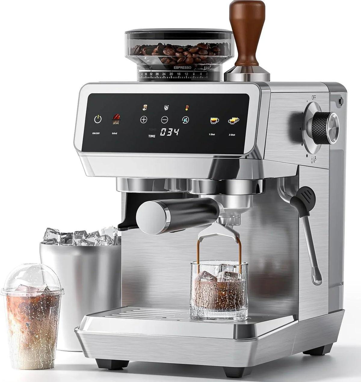 AMZCHEF Espresso Maker with Built-in Grinder 20 Bars – Coffee Machine with 44 Grinding Settings, Milk Steamer, 4 Temperatures, Cold Coffee Function, Stainless Steel, 1.8L Tank