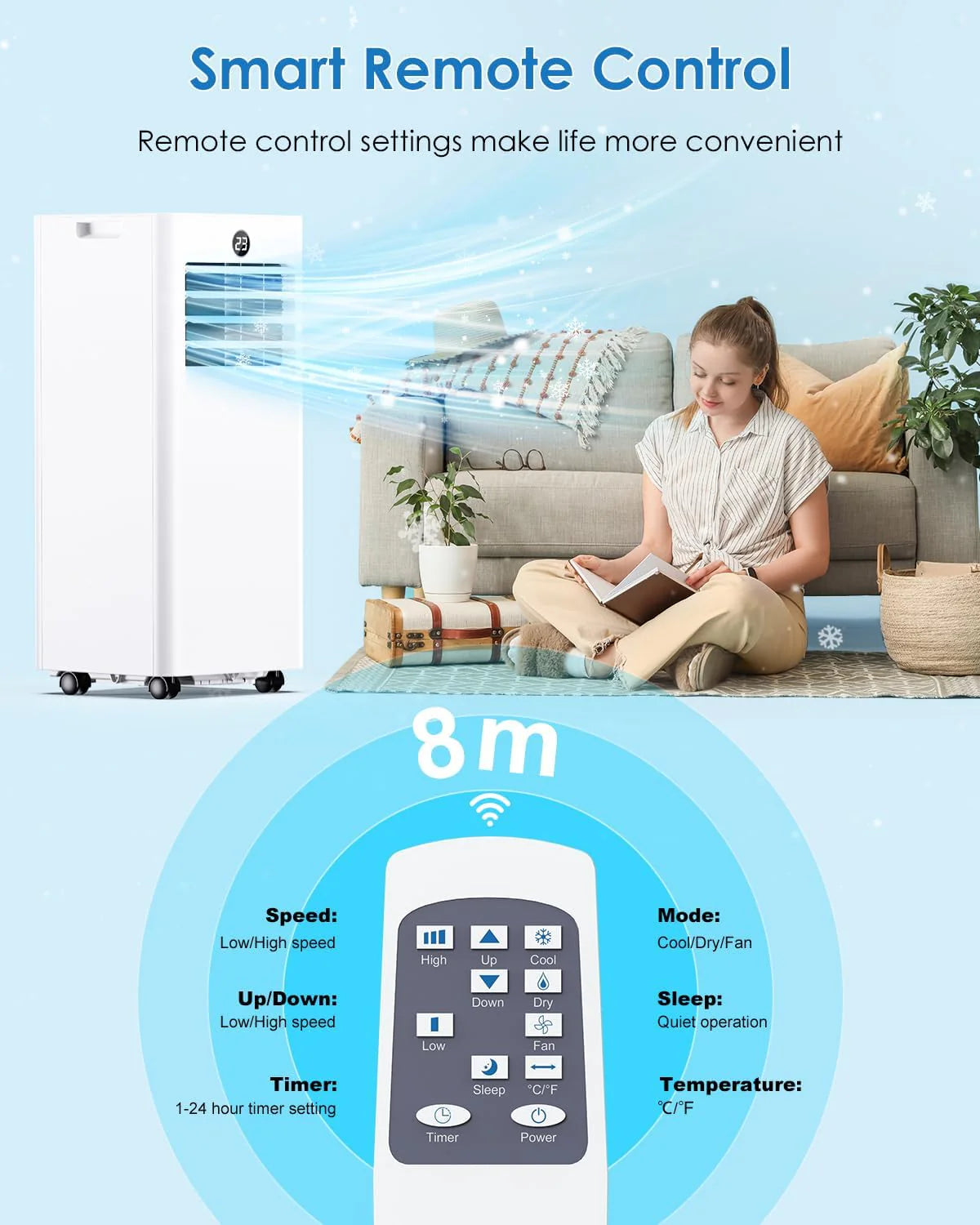 Aire Acondicionado Portatil 7000 BTU, Enfriamiento/Ventilador/Deshumidificación/Modo Sueño 4 en 1, Táctil/Mando a Distancia, Temporizador 24h, Ruedas 360°, Incluye Manguera de Escape & Kit de Ventana