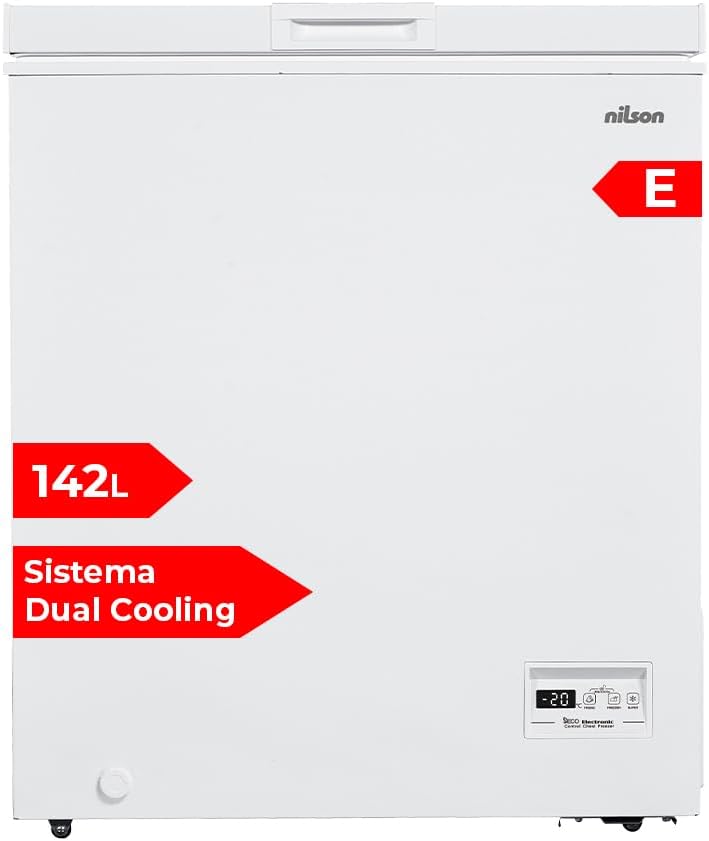 Nilson Gefrierschrank horizontal Weiß NCH1500EDC. Kapazität 142 Liter, Dual Cooling, 4 Sterne, Super-Gefriermodus, Zyklische Technologie, Klapptür, 1 Korb, geräuscharm