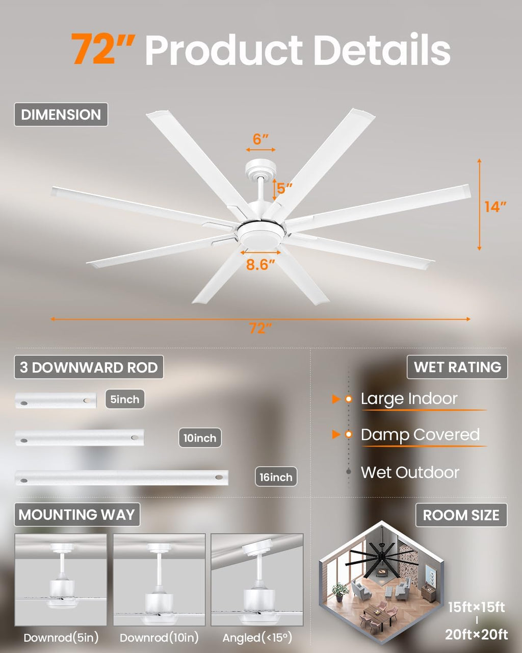 183cm Extra Großer Deckenventilator mit 8 Aluminiumflügeln, Licht und Fernbedienung, geräuscharmer Ventilator mit umkehrbarem DC-Motor für Außenterrasse, großes Zimmer