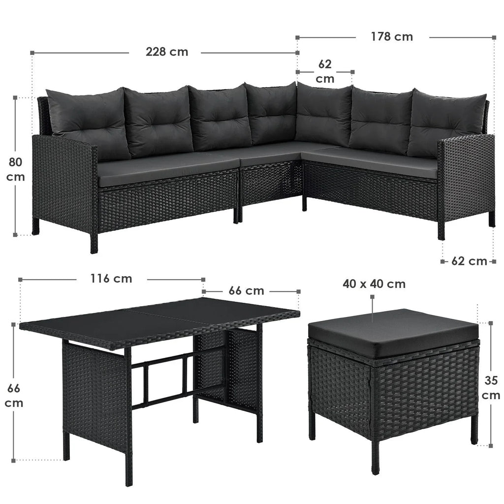 2025 Conjunto de jardín de resina trenzada Manacor negro con mesa, 2 pufs y cojines gris oscuro
