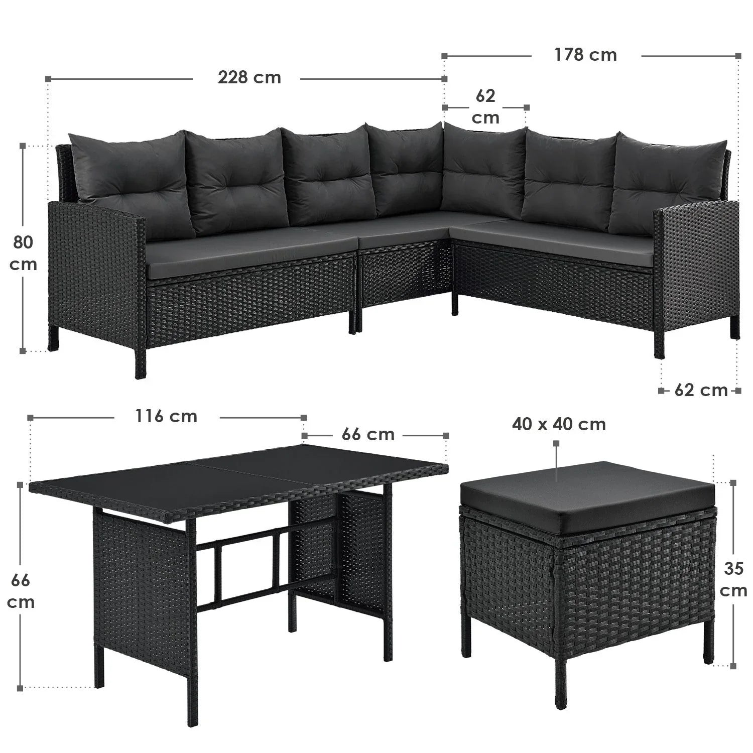 2025 Conjunto de jardín de resina trenzada Manacor negro con mesa, 2 pufs y cojines gris oscuro