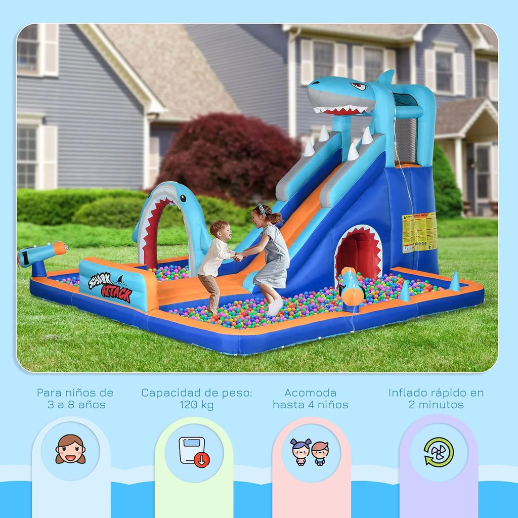 Outsunny Children's Inflatable Castle 6 in 1 Inflatable Castle for Children with Slide Pool Climbing Wall Water Cannon and Shark Themed Carry Bag 440x350x240cm Multicolor