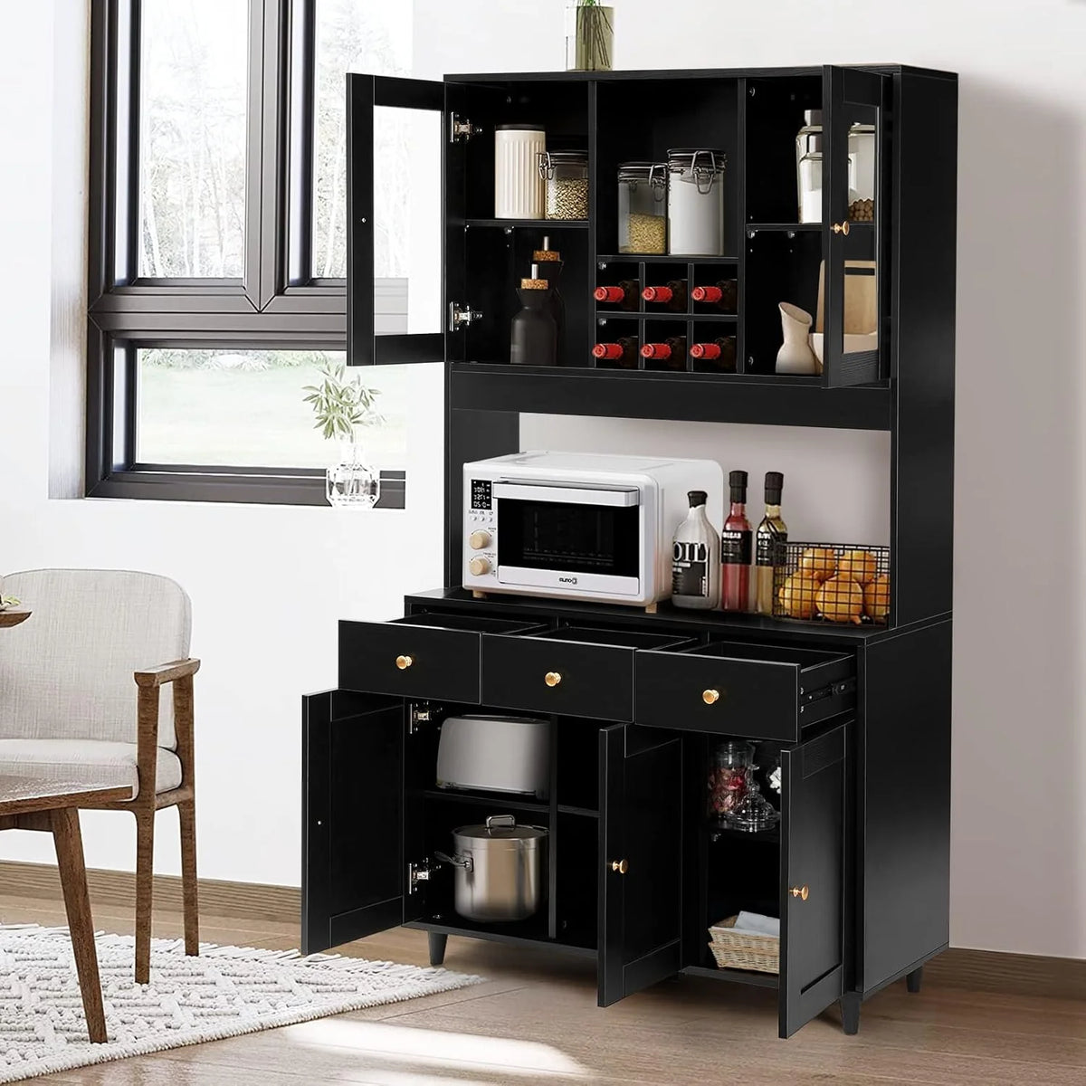 VOWNER Armario Aparador Cocina/Buffet, 100L x 38W x 181H cm, Mueble Auxiliar de Almacenaje, 5 Puertas y 5 Baldas Ajustables, Blanco