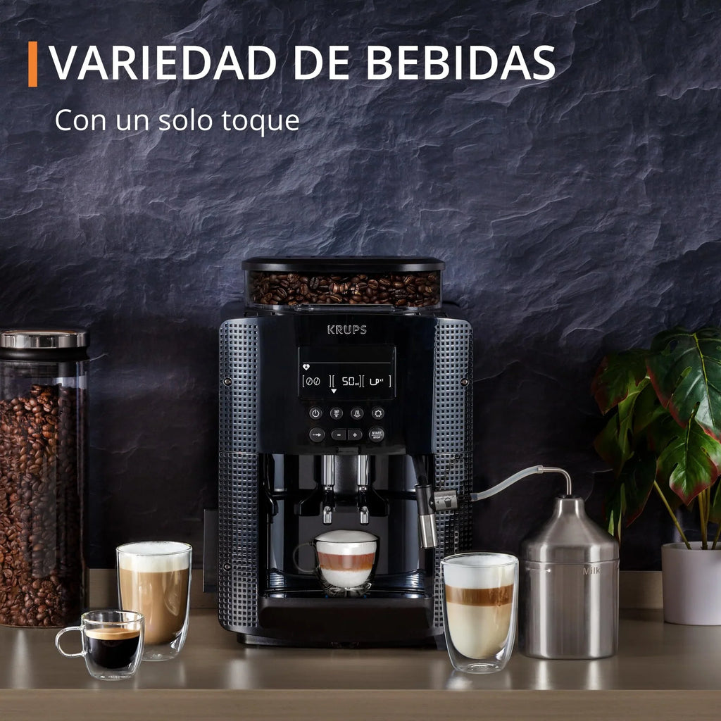 2025 Krups Essential - Cafetera súper automática, 15 Bares de presión, Molinillo cónico de Metal, con selección de cantidad e Intensidad de café, 1.7 l, 1 Cups, Acero, Pantalla LCD + Acc. Leche