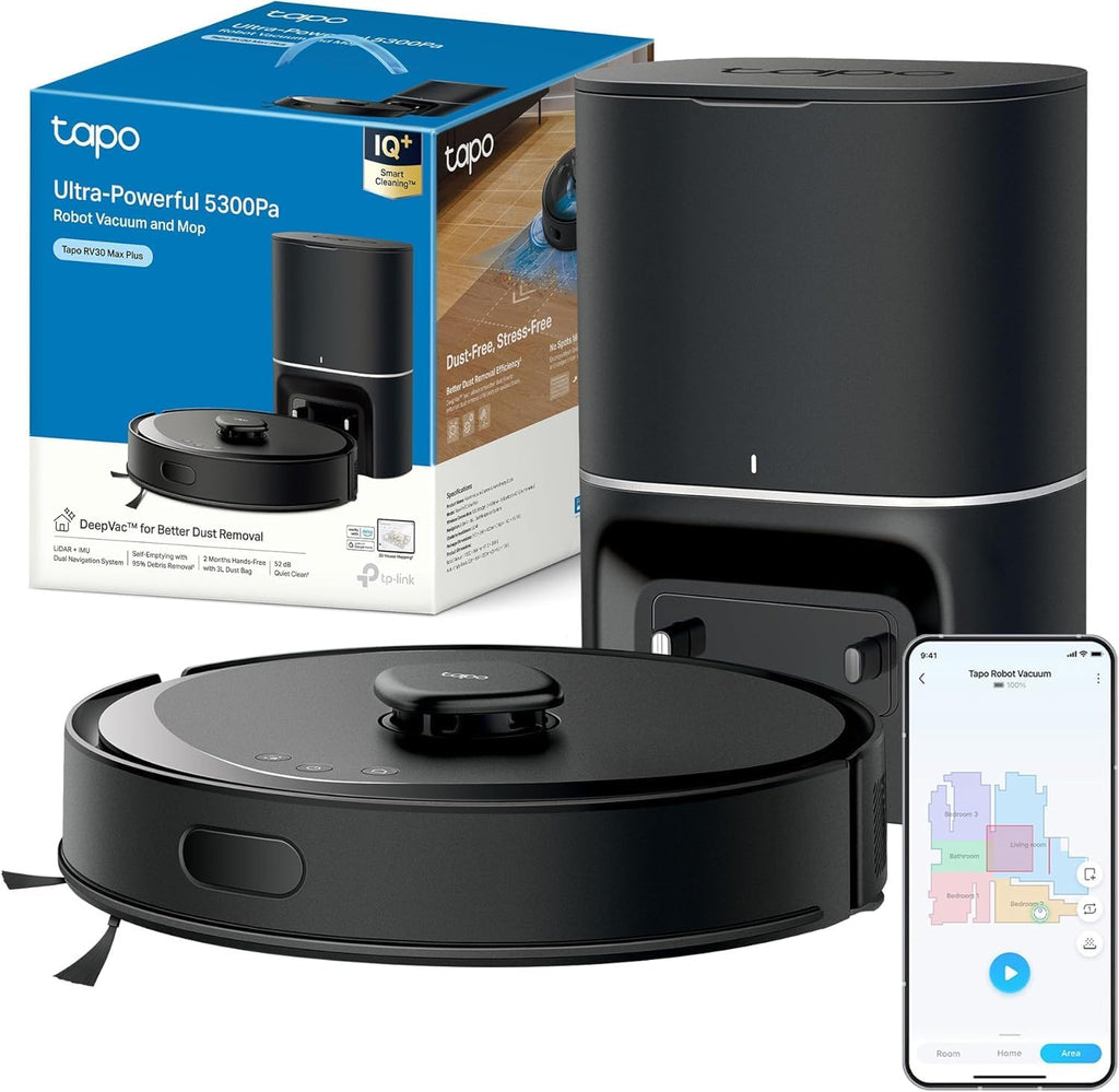 Tapo RV30 MAX Plus Roboterstaubsauger, 5300 Pa Ultra-Saugleistung mit Wischfunktion, 3L selbstentleerende Station, fortschrittliche LiDAR+IMU-Navigation, Sprach- und App-Steuerung, Schwarz