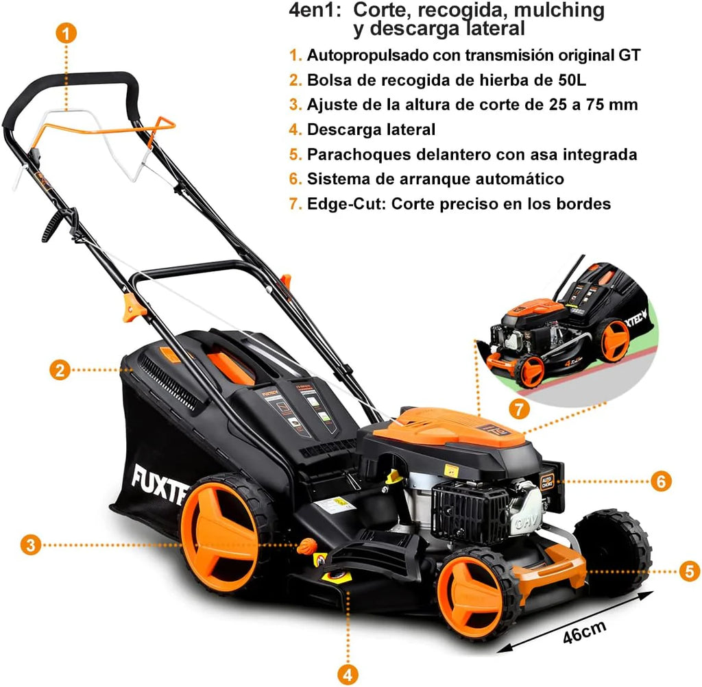 Cortacésped de Gasolina FUXTEC FX-RM4646ECO 46cm de Anchura de Corte - Potente Motor de Gasolina de 146cc Easy Clean 3en1 2,6KW Mulching recogedor de Hierba 50L