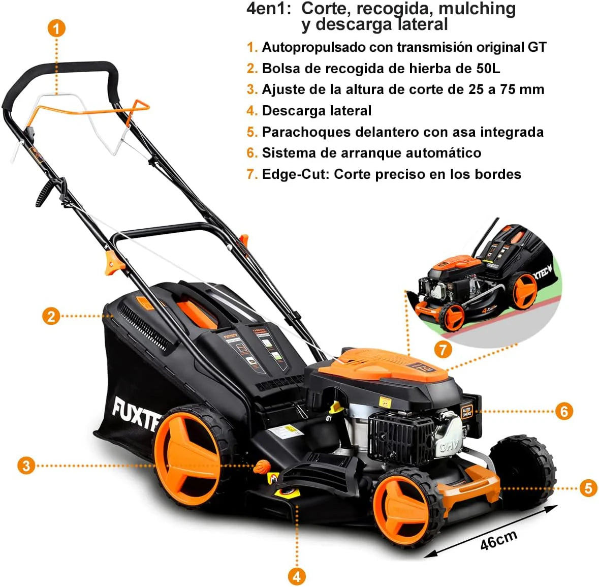 Cortacésped de Gasolina FUXTEC FX-RM4646ECO 46cm de Anchura de Corte - Potente Motor de Gasolina de 146cc Easy Clean 3en1 2,6KW Mulching recogedor de Hierba 50L