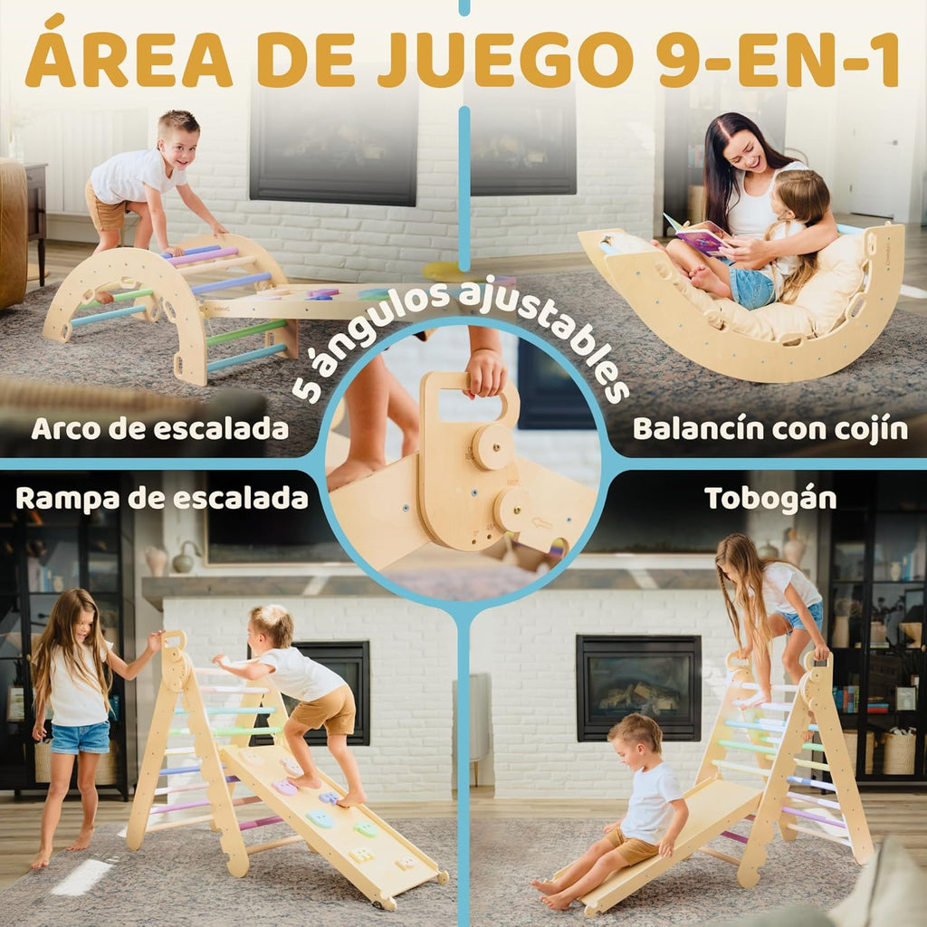 9-in-1 Montessori Pikler Dreieck Groß für 1-7+ Jahre, 5 verstellbare Winkel, Indoor und Outdoor Spielplatz aus Holz zum Klettern mit Pikler Bogen und Pickler Rampe für Kinder