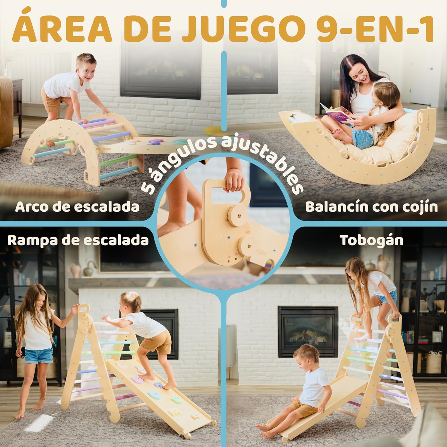 9-in-1 Montessori Pikler Dreieck Groß für 1-7+ Jahre, 5 verstellbare Winkel, Indoor und Outdoor Spielplatz aus Holz zum Klettern mit Pikler Bogen und Pickler Rampe für Kinder