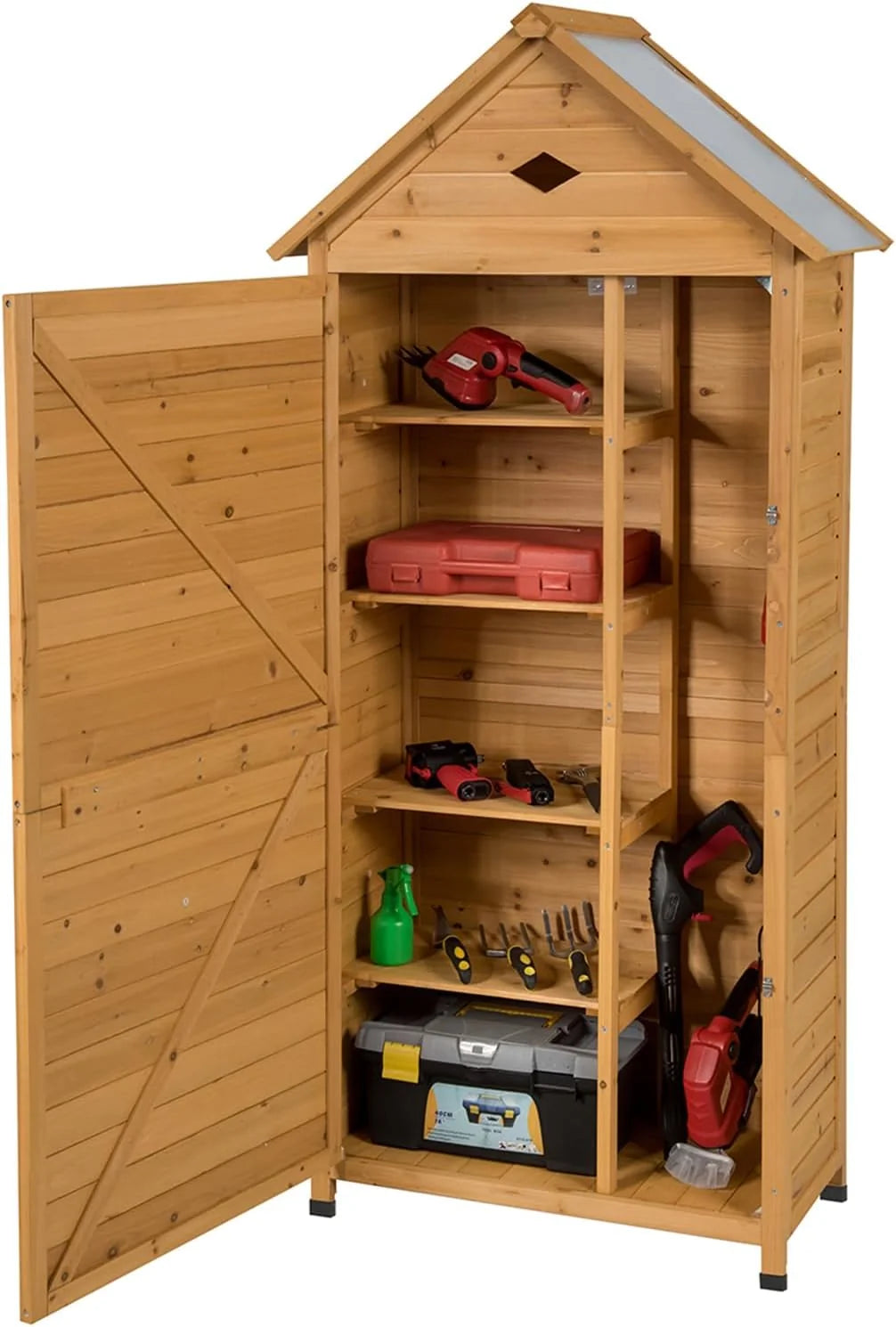 COSTWAY Caseta Jardin Exterior de Madera, Cobertizo Jardin Exterior con 5 Estantes y 2 Puertas con Cerradura, Armario para Herramientas con Techo Impermeable para Jardín Balcón Terraza (70x45x160cm)