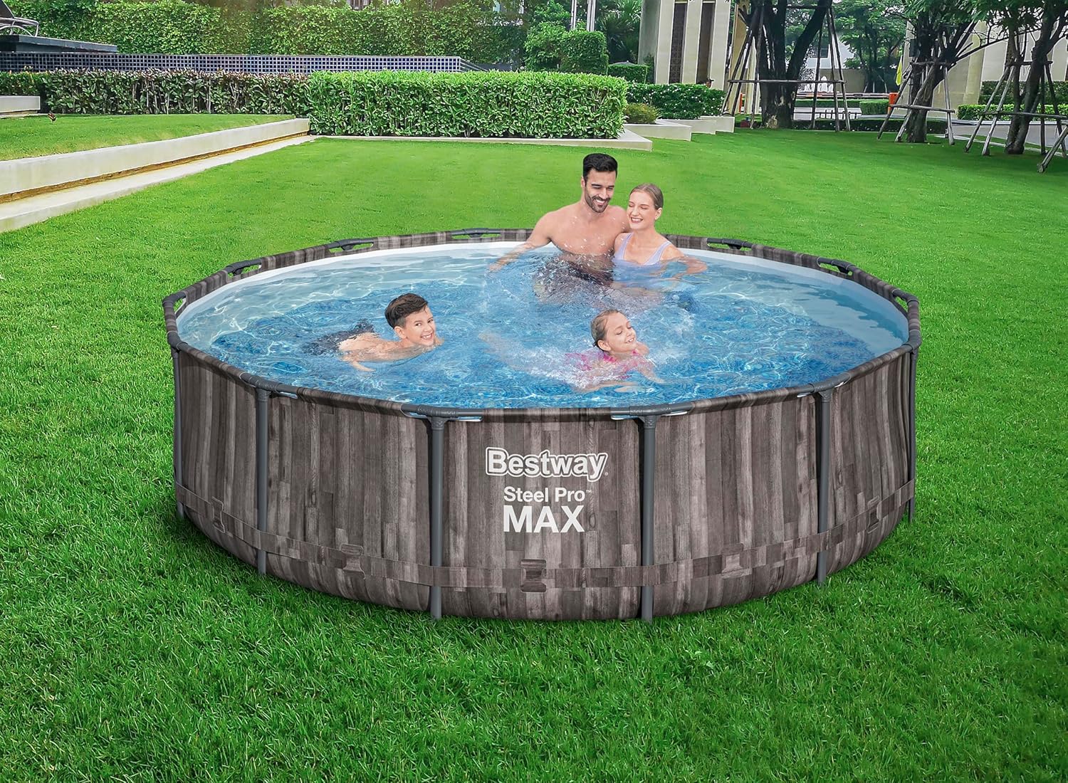 Bestway Steel Pro MAX Frame Pool – Rund (366 x 100 cm, inkl. Filterpumpe, Holzoptik)