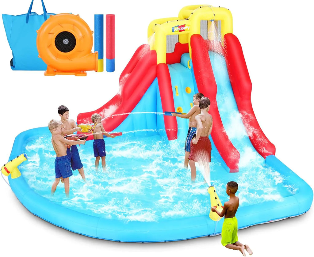 Tobogán acuático inflable 8-en-1 para niños: castillo inflable parque acuático con soplador de 450W, muro de escalada, piscina, 2 pistolas de agua, canasta de baloncesto, tobogán, rociador de cocodrilo – perfecto como regalo y para fiestas en el jard