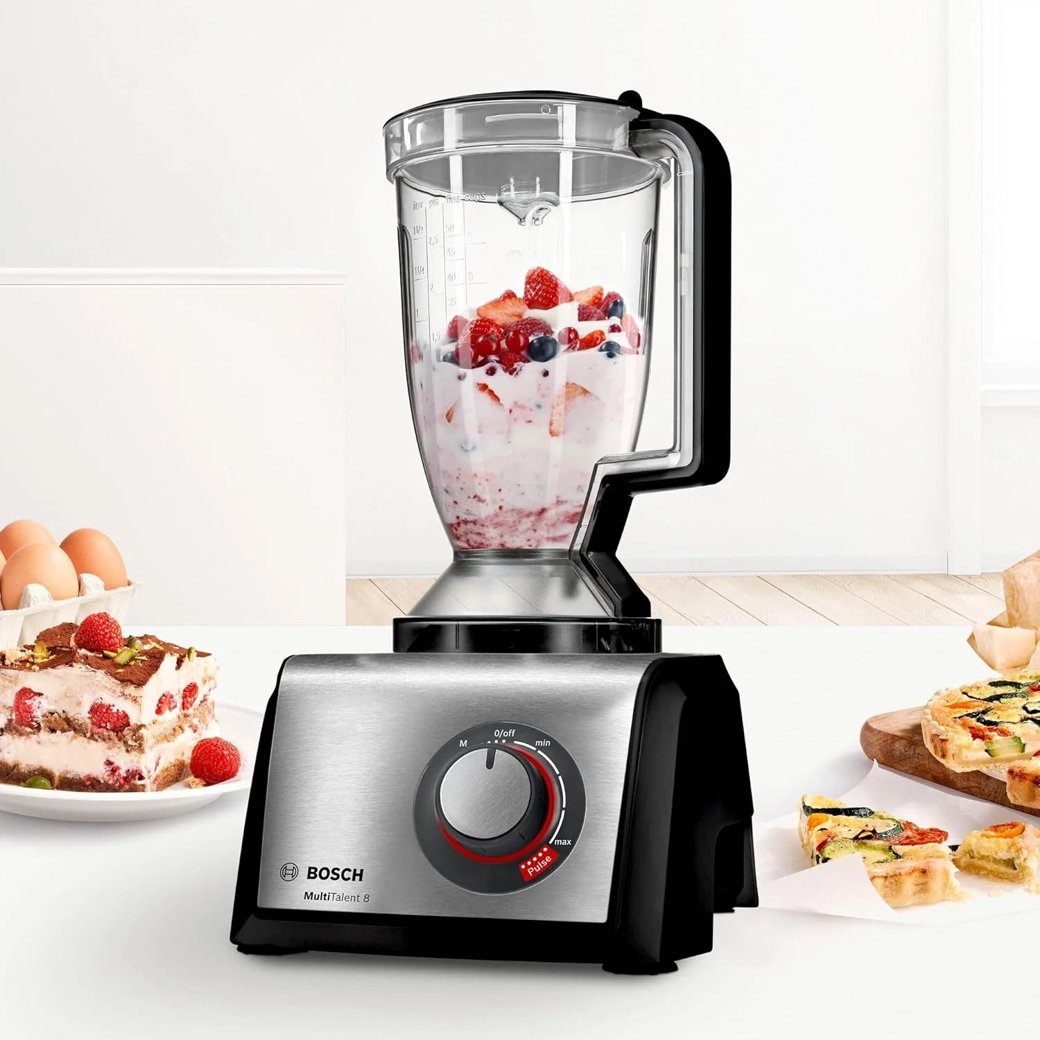 Bosch MultiTalent 8, Robot kuchenny z tarczą do frytek i młynkiem do ziaren, 1250 W, duża misa 3,9 l, mikser 1,5 l, wyciskarka do cytrusów, wyświetlacz LED, MC812M844, biały, szczotkowana stal