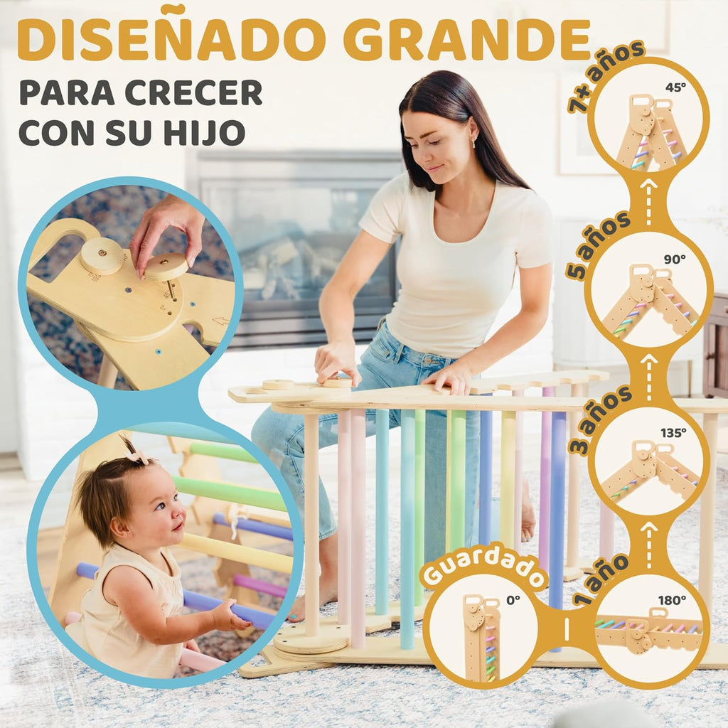 9-in-1 Montessori Pikler Dreieck Groß für 1-7+ Jahre, 5 verstellbare Winkel, Indoor und Outdoor Spielplatz aus Holz zum Klettern mit Pikler Bogen und Pickler Rampe für Kinder