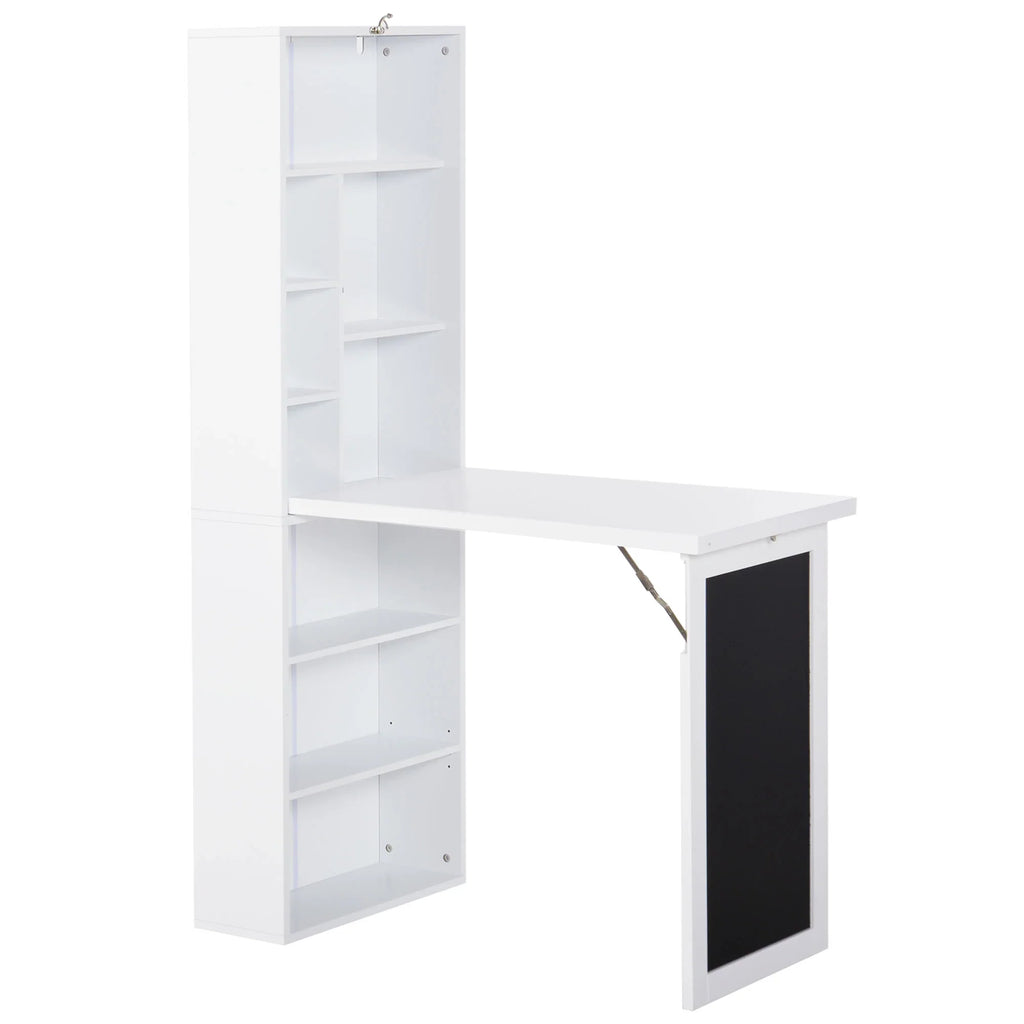 Escritorio de Ordenador de Pared – Mesa de Estudio Abatible con Pizarra y Estantería, Blanco