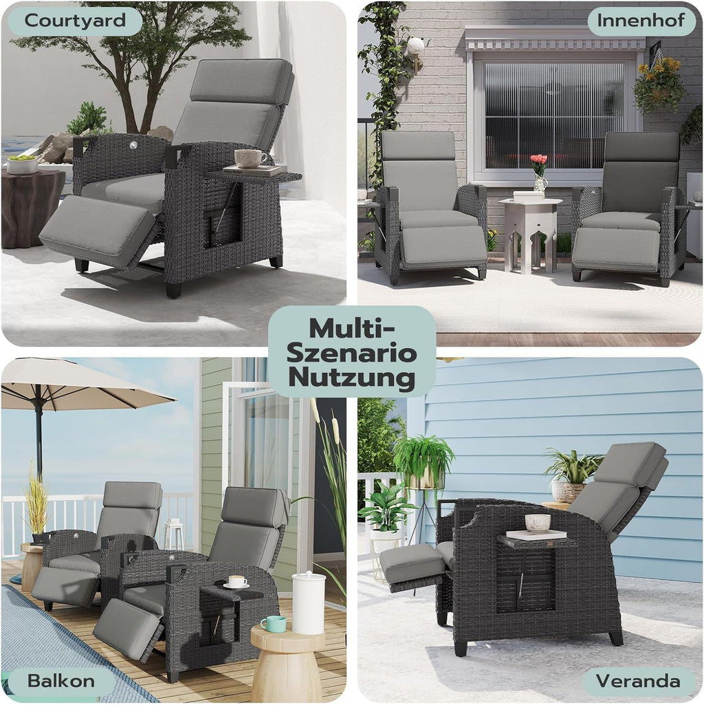 UDPATIO Sillón Ratán Jardin Exterior Reclinable, Tumbona de Jardín Ajustable 150°, con Respaldo Ajustable, Fundas + Extraíbles Cojines, Impermeable, para Interior y Exterior - Gris