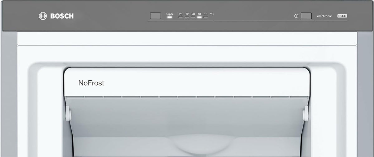 Bosch - Congelador Vertical NoFrost, Serie 4, alto 186 x ancho 60 cm, 242 L, Cajones BigBox para alimentos grandes, Sistema Multiairflow, Acero, GSN29VIEP