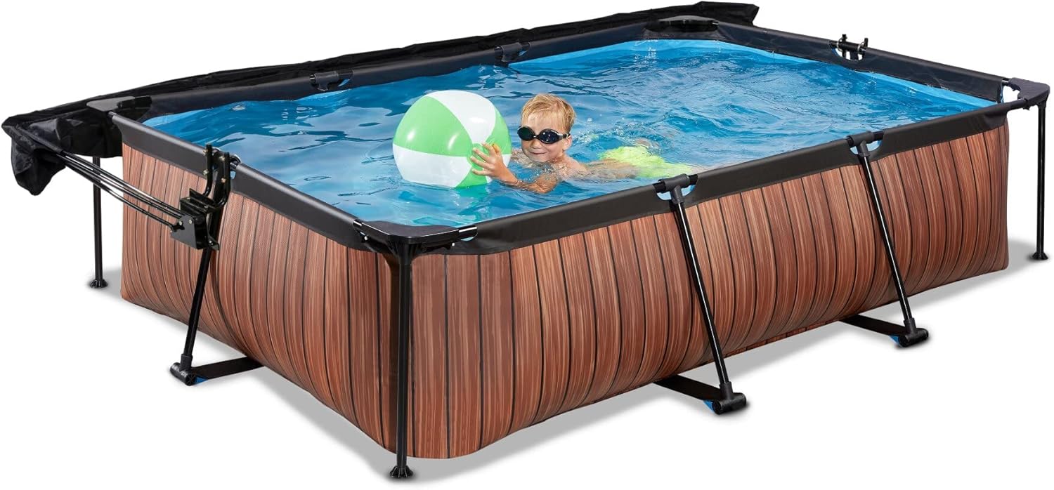 EXIT Toys Holzpool mit Solardach - 300x200x65cm - Kompakter rechteckiger Rahmenpool mit Kartuschenfilterpumpe - Optimaler UV-Schutz - Einfacher Zugang - Einzigartiges Design - Braun