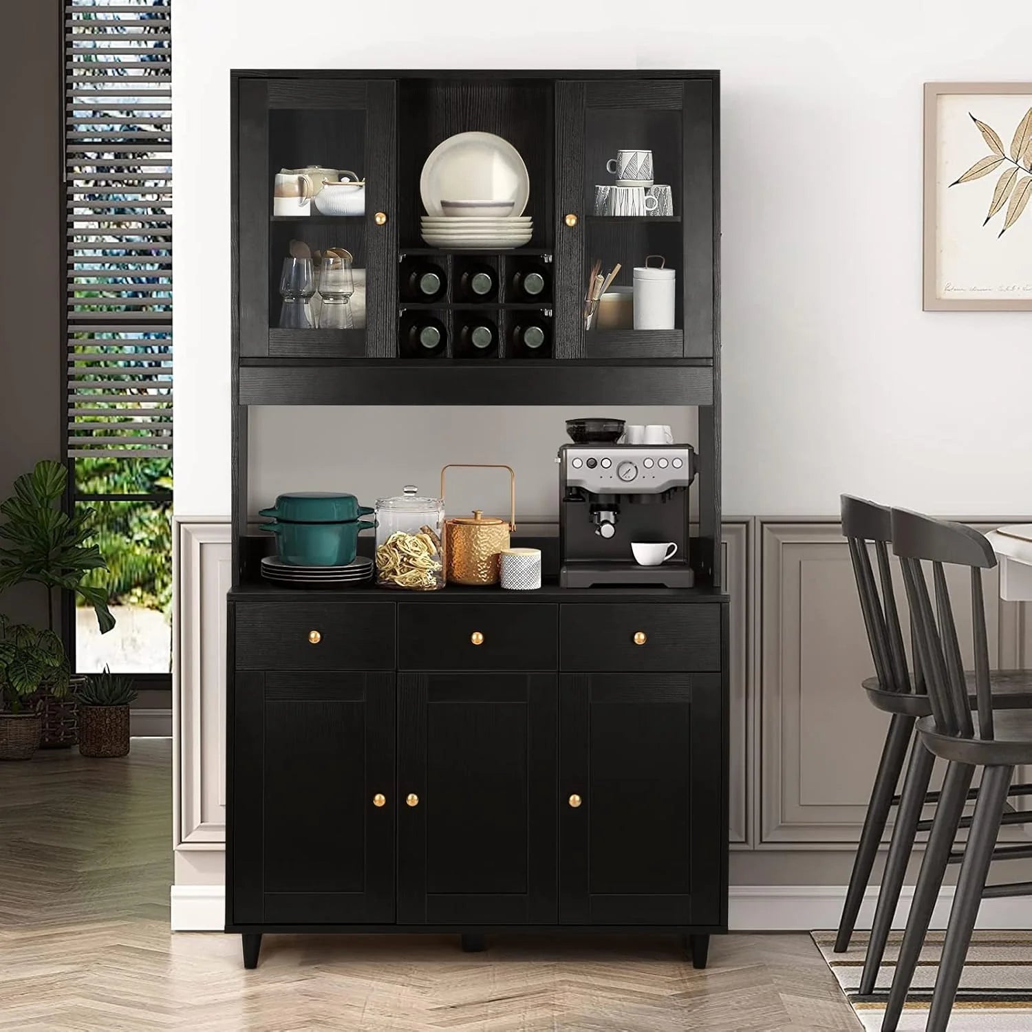 VOWNER Armario Aparador Cocina/Buffet, 100L x 38W x 181H cm, Mueble Auxiliar de Almacenaje, 5 Puertas y 5 Baldas Ajustables, Blanco