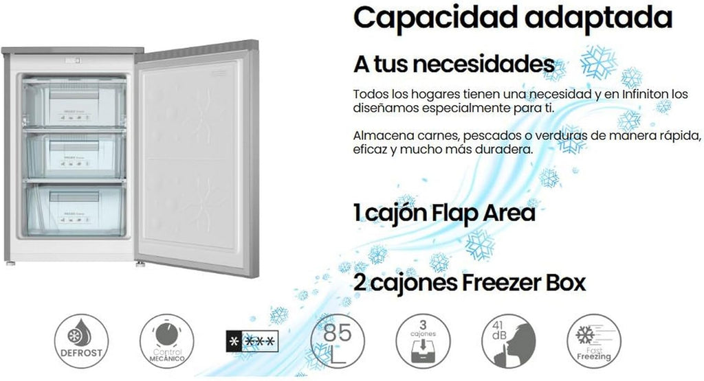INFINITON CV-A85I – Gefrierschrank, 80 Liter, 85 cm, 3 Schubladen, Temperaturregelung, reversible Tür, höhenverstellbar, E, Inox