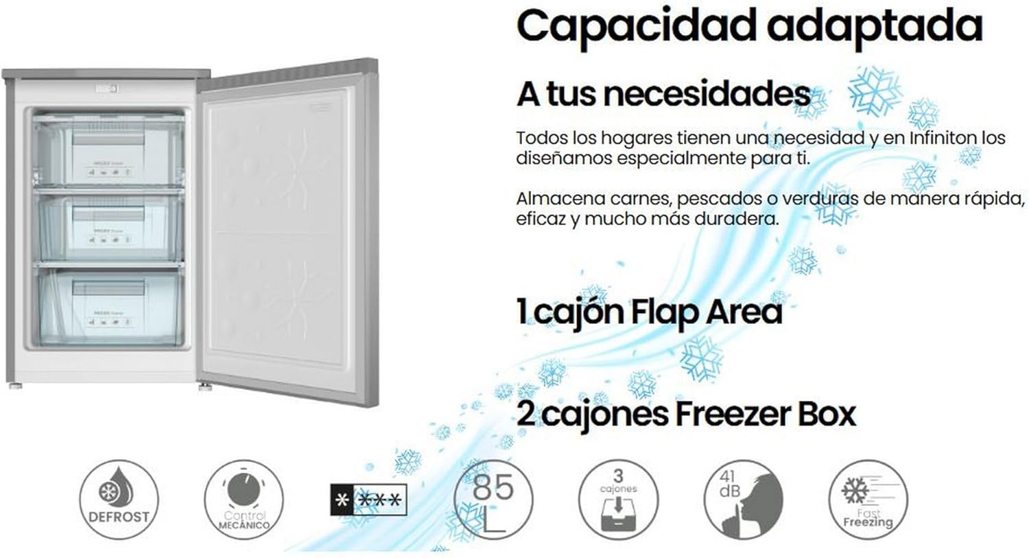 INFINITON CV-A85I – Gefrierschrank, 80 Liter, 85 cm, 3 Schubladen, Temperaturregelung, reversible Tür, höhenverstellbar, E, Inox