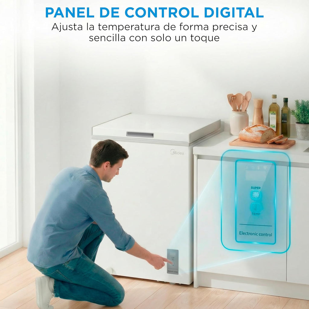 MIDEA Arcon Congelador Pequeño de 143L | Congelador Horizontal Convertible a Frigorífico con Motor Inverter, Control Electrónico de Temperatura, Cestas con Asa | Arcón Silencioso 37 db Bajo Consumo