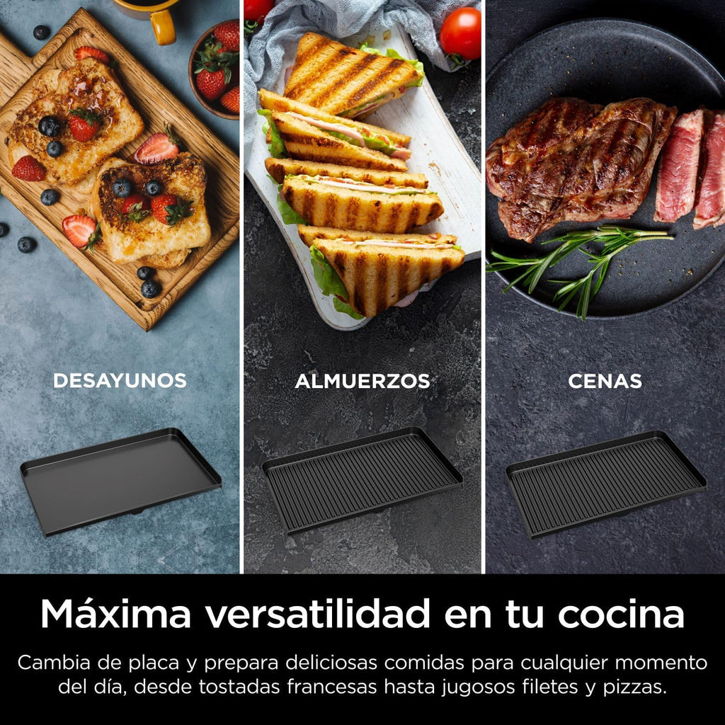 Ninja Sizzle Pro XL Indoor Grill und Bratplatte mit antihaftbeschichteter Keramik-Grill- und Bratplatte, abnehmbarem Deckel, Fettauffangschale und Rezeptheft, Silber/Schwarz GX101EU