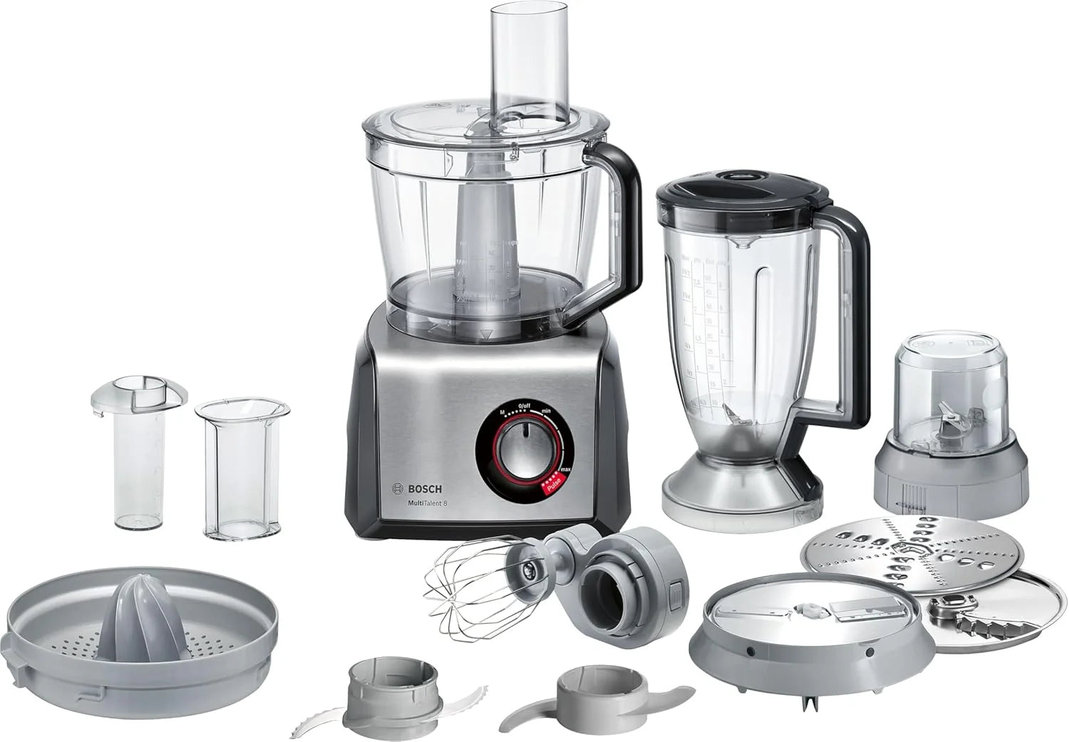 Bosch MultiTalent 8, Robot kuchenny z tarczą do frytek i młynkiem do ziaren, 1250 W, duża misa 3,9 l, mikser 1,5 l, wyciskarka do cytrusów, wyświetlacz LED, MC812M844, biały, szczotkowana stal
