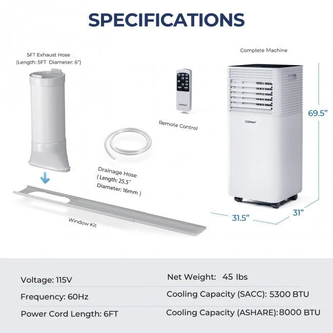 Tragbare 3-in-1-Klimaanlage 8000 BTU mit Entfeuchter und Ventilatorfunktion