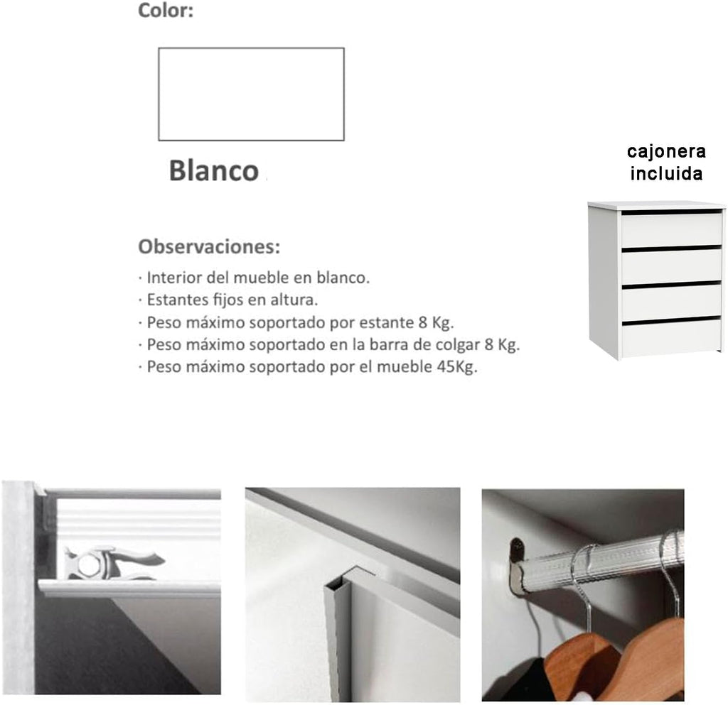 Armario Dormitorio con 4 cajones Ropero Armo 2 Puertas correderas Color Blanco