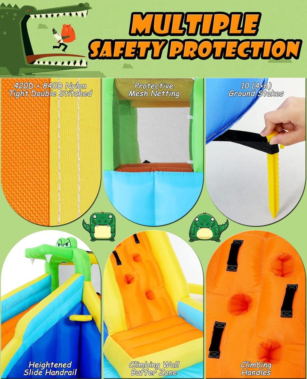Tobogán acuático inflable 8-en-1 para niños: castillo inflable parque acuático con soplador de 450W, muro de escalada, piscina, 2 pistolas de agua, canasta de baloncesto, tobogán, rociador de cocodrilo – perfecto como regalo y para fiestas en el jard