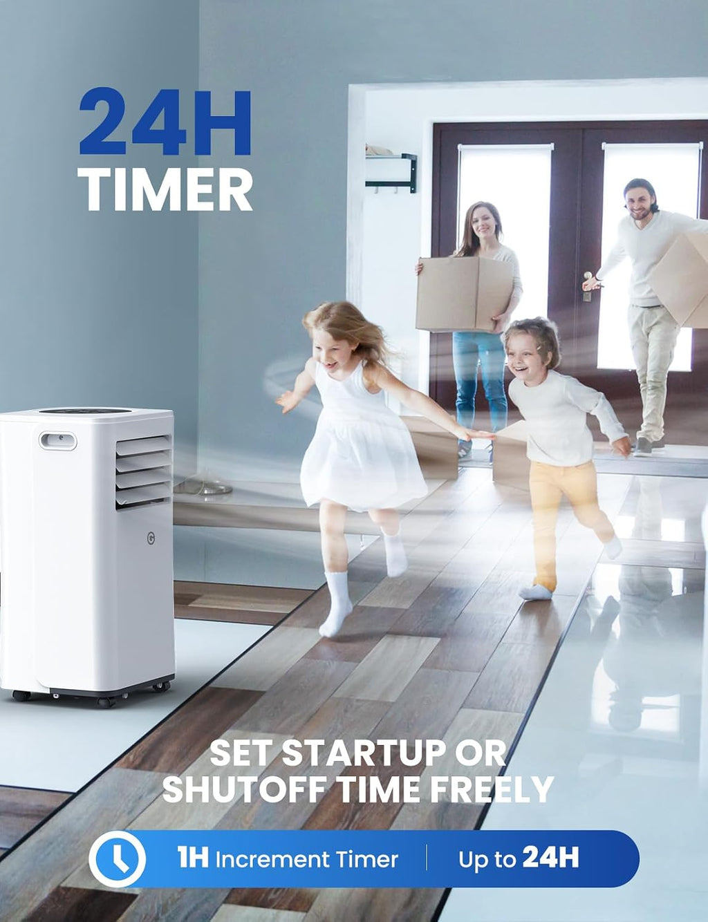 9000 BTU Aire Acondicionado Portátil, 4 en 1: Refrigeración, Ventilador, Deshumidificador y Modo Sueño, Silencioso, con Mando, Temporizador 24h y Kit de Ventana, para Dormitorio, Oficina, Garaje, 33㎡