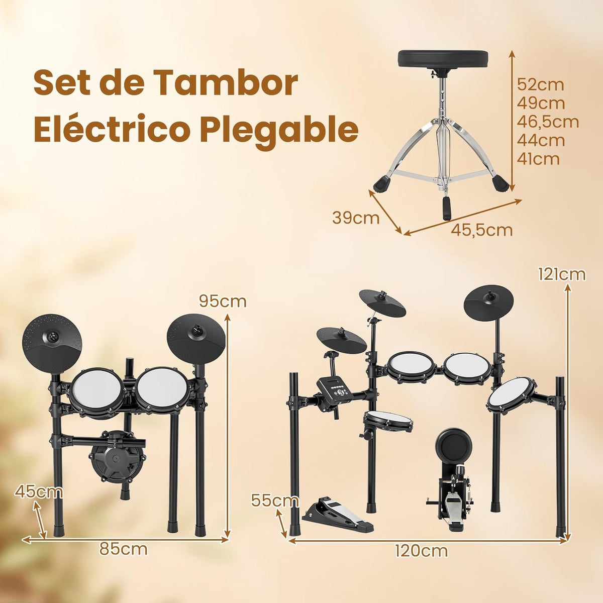 COSTWAY E-Drum-Set, faltbares Schlagzeug mit leisen Mesh-Pads, Becken, 225 Sounds und 30 Demos, Metronom und USB-MIDI, Bassdrum, 2 Schlagstöcke, verstellbarer Hocker, für Erwachsene und Kinder