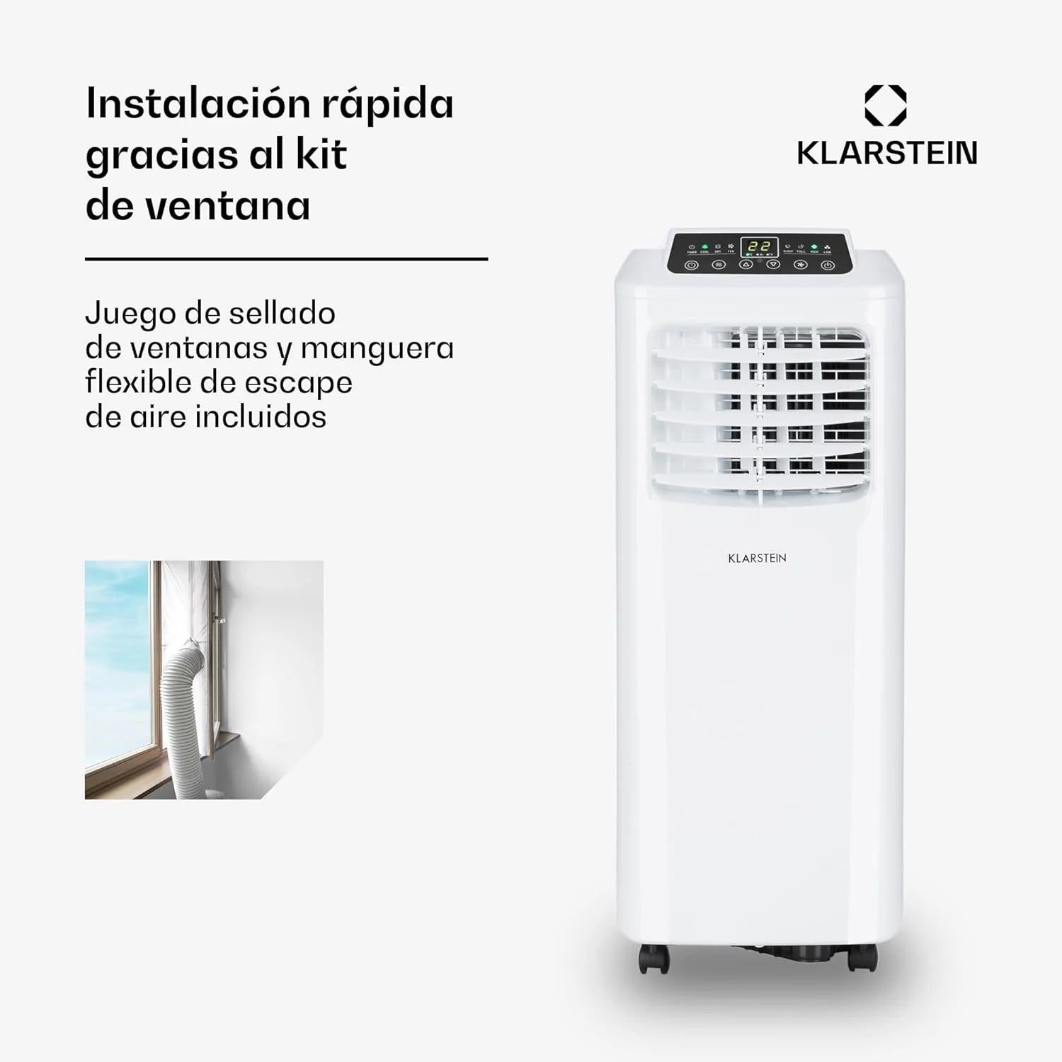 Klarstein Aire Acondicionado Portatil y Silencioso, 4 en 1 Enfriador de Aire para Casas y Oficinas con Modo Noche, Con Mando y Deshumidificador, Aires Acondicionados Bajo Consumo 7,000 BTU Blanco