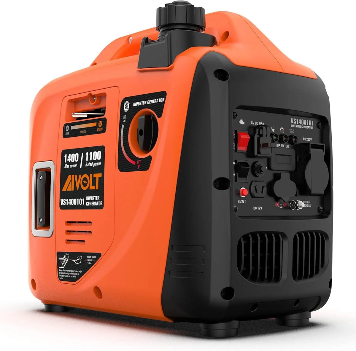 AIVOLT Silent Gasoline Inverter Generator 1400W with Outputs AC 230V/DC 12V/USB Type-A and Tank 2.5L - Portable for Outdoor Camping