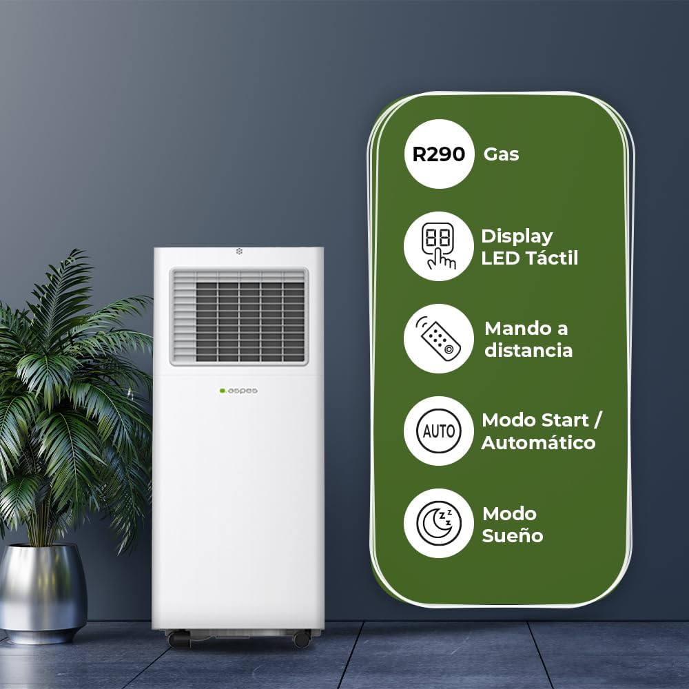 Aspes Mobile Klimaanlage, 9000 BTU. AAAP900F. Nur Kühlen, LED-Touch-Display, Timer, Fernbedienung, Fensterinstallationskit enthalten, Energieeffizienzklasse A