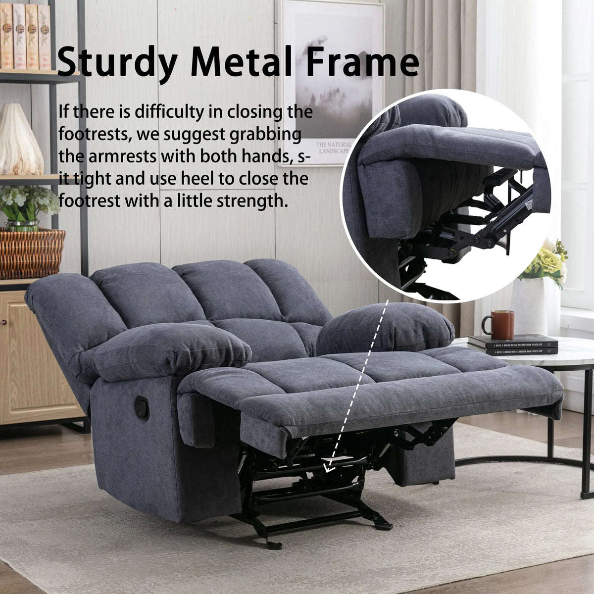 2025 Sillón mecedor sobredimensionado, sillón reclinable manual simple, sillón tapizado acolchonado, sillón mecedor para sala, asiento de teatro talla grande, gris