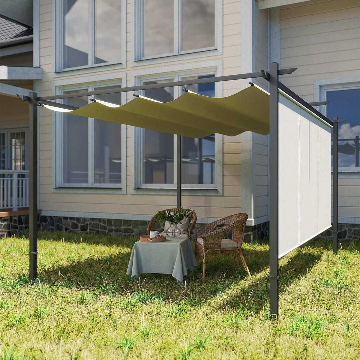 Outsunny Pérgola de Jardín 4x3 m con Techo Retráctil y 3 Laterales Enrollables, Cenador de Jardín Montado en Pared o Independiente, con UPF30+, Estructura Metálica, Pabellón para Exterior, Beige