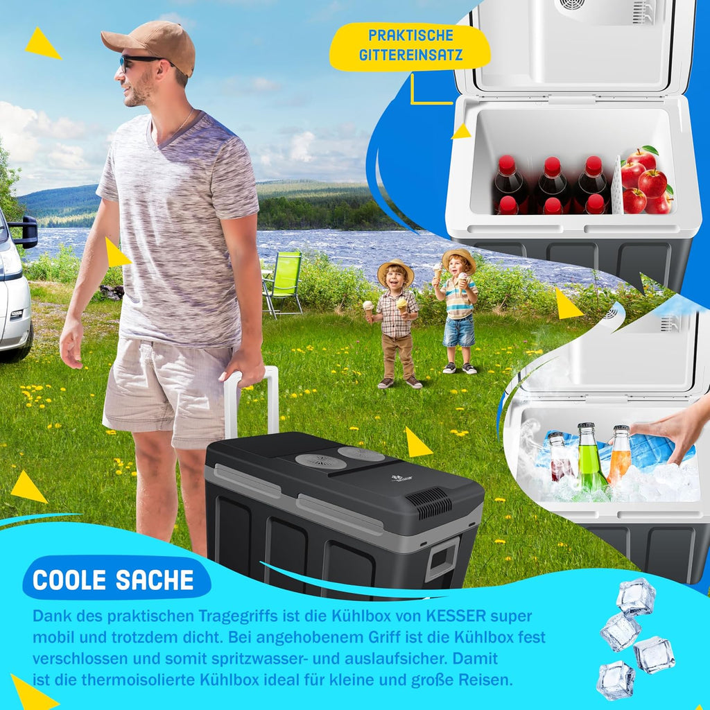 KESSER® Nevera eléctrica portátil 40L con Ruedas | Calienta y enfría | Termoeléctrica | Mini Nevera | 12V y 230V | para Coche, Camping y Enchufe | Modo Eco | Incluye acumuladores de frío