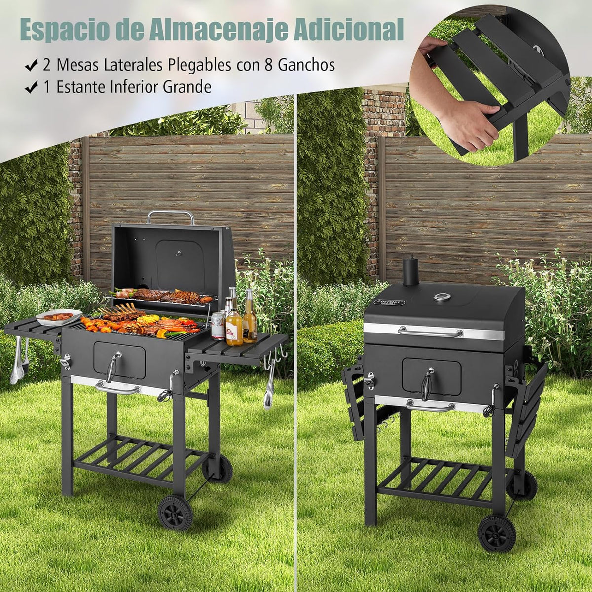 COSTWAY Barbacoa Carbon XXL, Barbacoa Portatil 128 x 54x 117 cm, Tapa, Termómetro, 2 Mesas Laterales Plegables, 8 Ganchos, 2 Ruedas y Abridor de Botellas