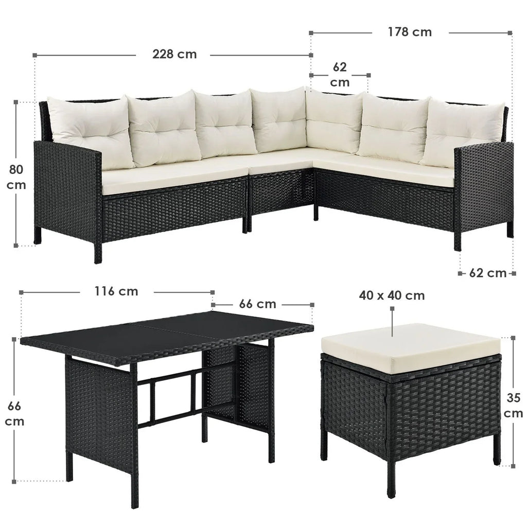 2025 Conjunto de jardín de resina trenzada Manacor negro con mesa, 2 pufs y cojines gris oscuro