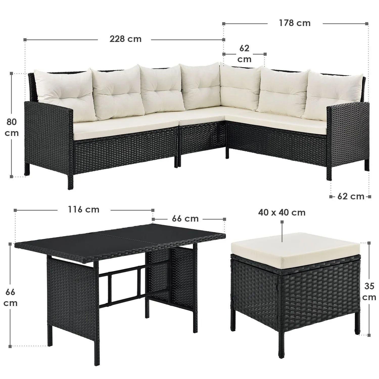 2025 Conjunto de jardín de resina trenzada Manacor negro con mesa, 2 pufs y cojines gris oscuro