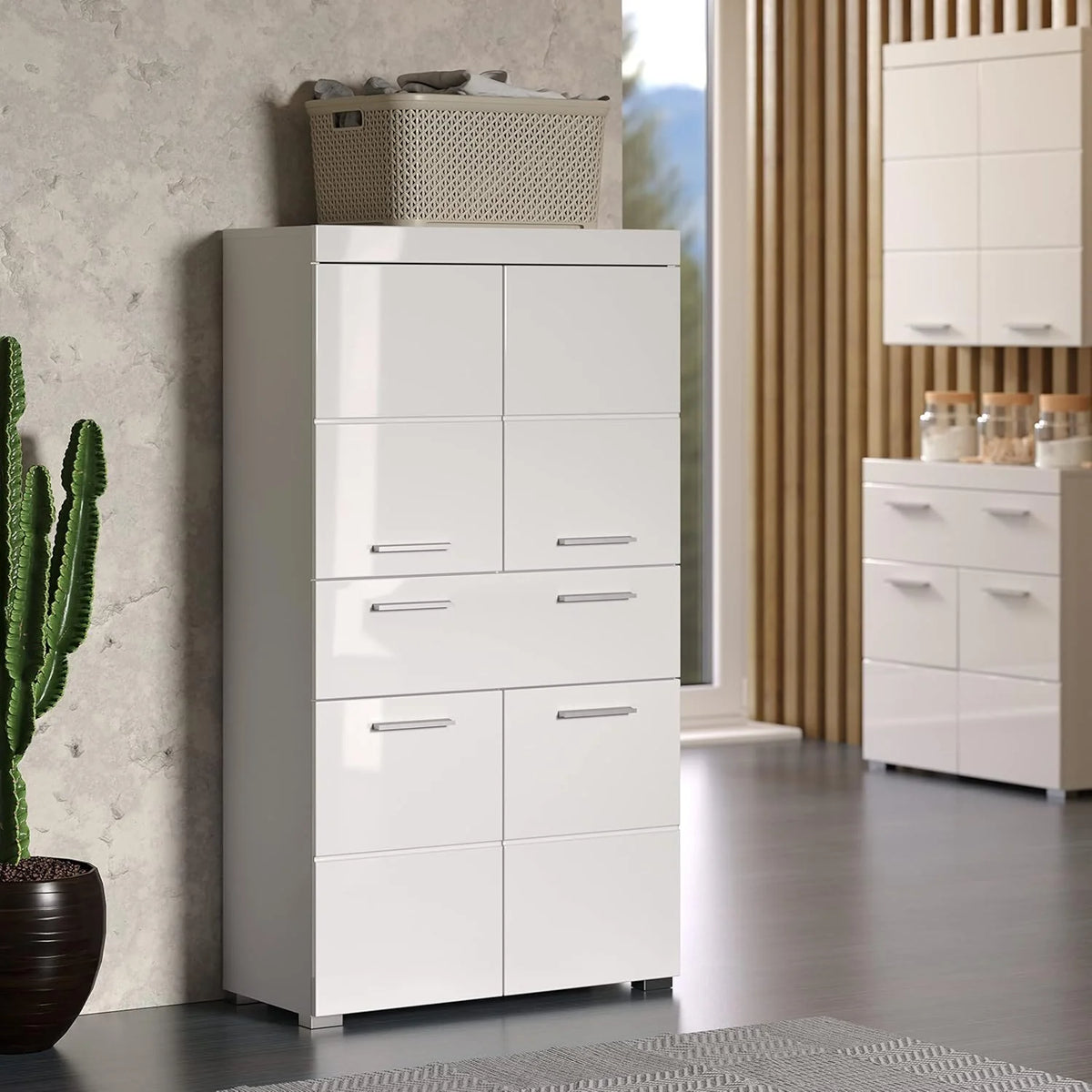 trendteam smart living Hochschrank Bad Amanda, 73 x 132 x 31 cm, in Weiß und Hochglanz Weiß mit Schublade und viel Stauraum