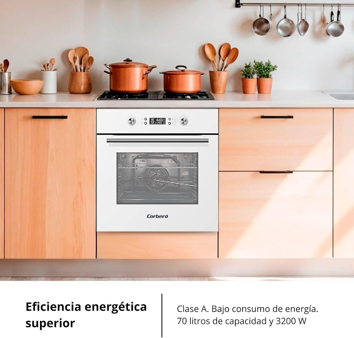 Corberó- Horno Pirolítico Multifunción 70L | CCHMP1033W |59.5cm(L)x59.5cm(A)x57.5cm(H) | 3200W | Display Digital | Mandos Escamoteables | Puerta Doble Cristal| Guías Extraíbles | 8 Programas, Blanco