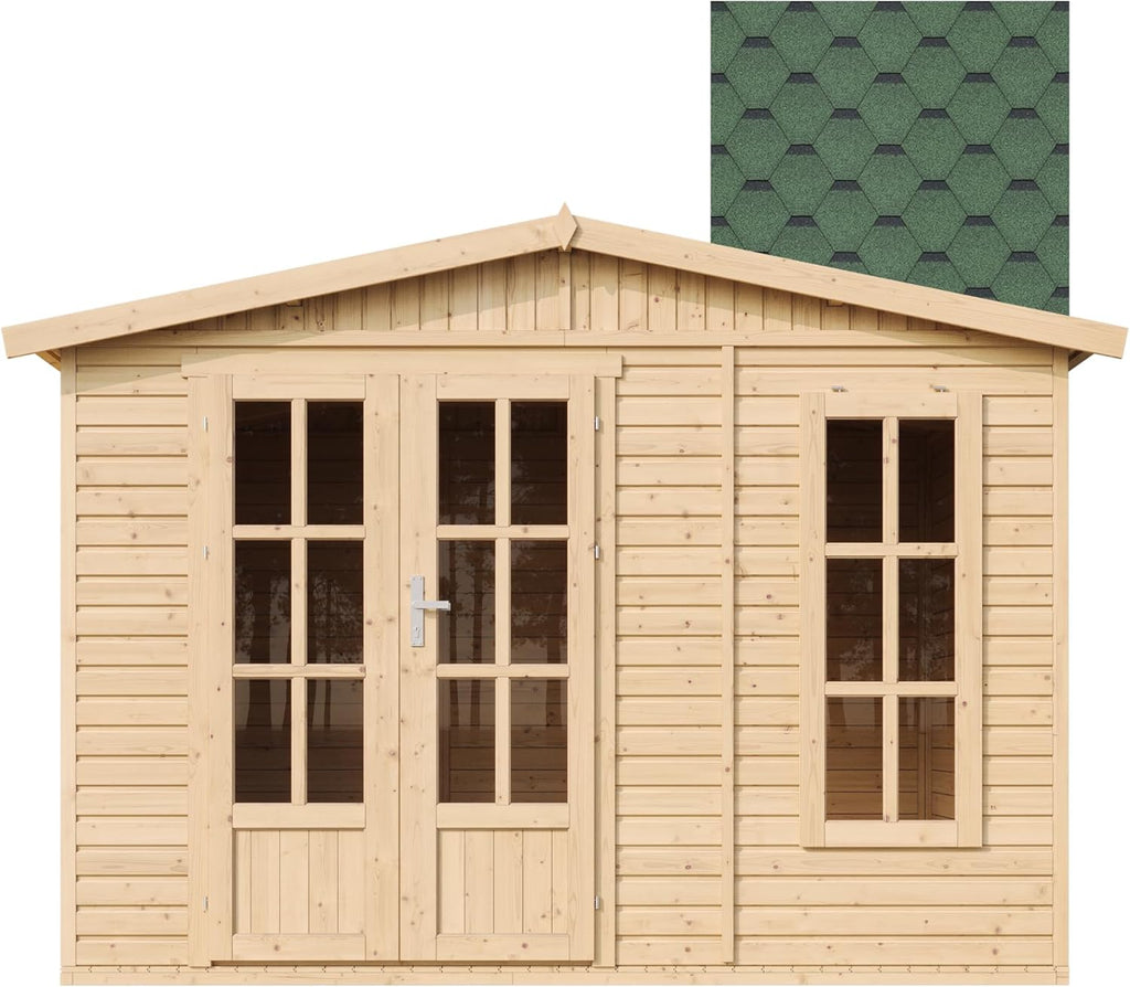 TIMBELA Holz Gartenhaus 6 m2 - Geräteschuppen Garten Außen mit Fußboden, Fenster, Doppeltür - Gartenhütte für Home Office - mit Dachpappe Grün M334FB+H334FBGREEN