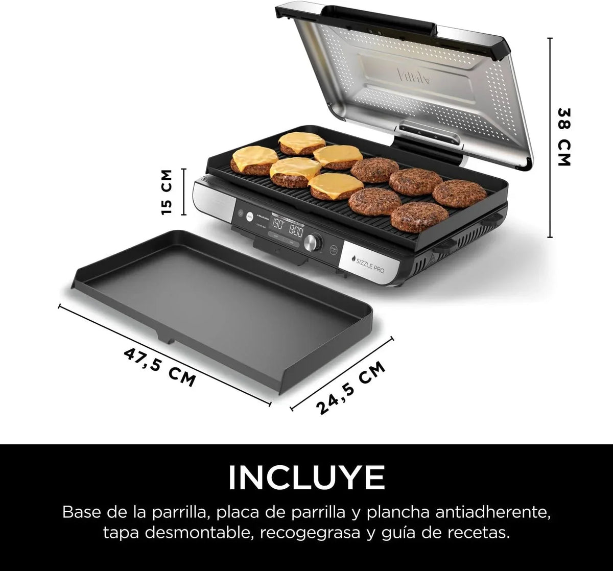 Ninja Sizzle Pro XL Indoor Grill und Bratplatte mit antihaftbeschichteter Keramik-Grill- und Bratplatte, abnehmbarem Deckel, Fettauffangschale und Rezeptheft, Silber/Schwarz GX101EU