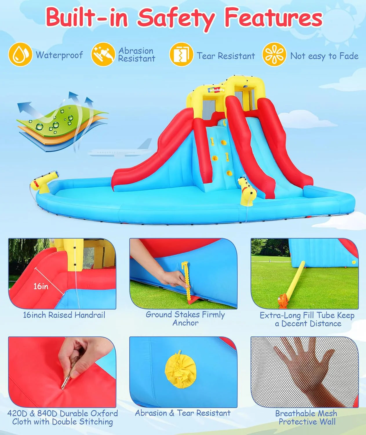 Tobogán acuático inflable 8-en-1 para niños: castillo inflable parque acuático con soplador de 450W, muro de escalada, piscina, 2 pistolas de agua, canasta de baloncesto, tobogán, rociador de cocodrilo – perfecto como regalo y para fiestas en el jard